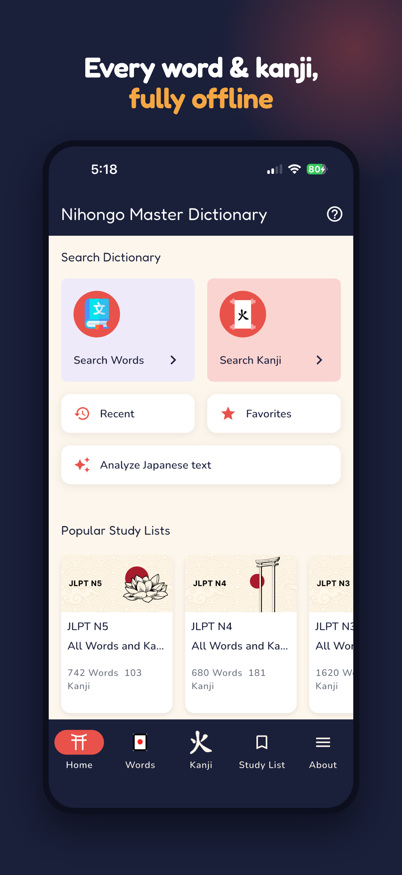 Nihongo Master Dictionary home screen