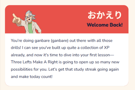Professor Toshiro login greeting card — おかえり / Welcome Back!